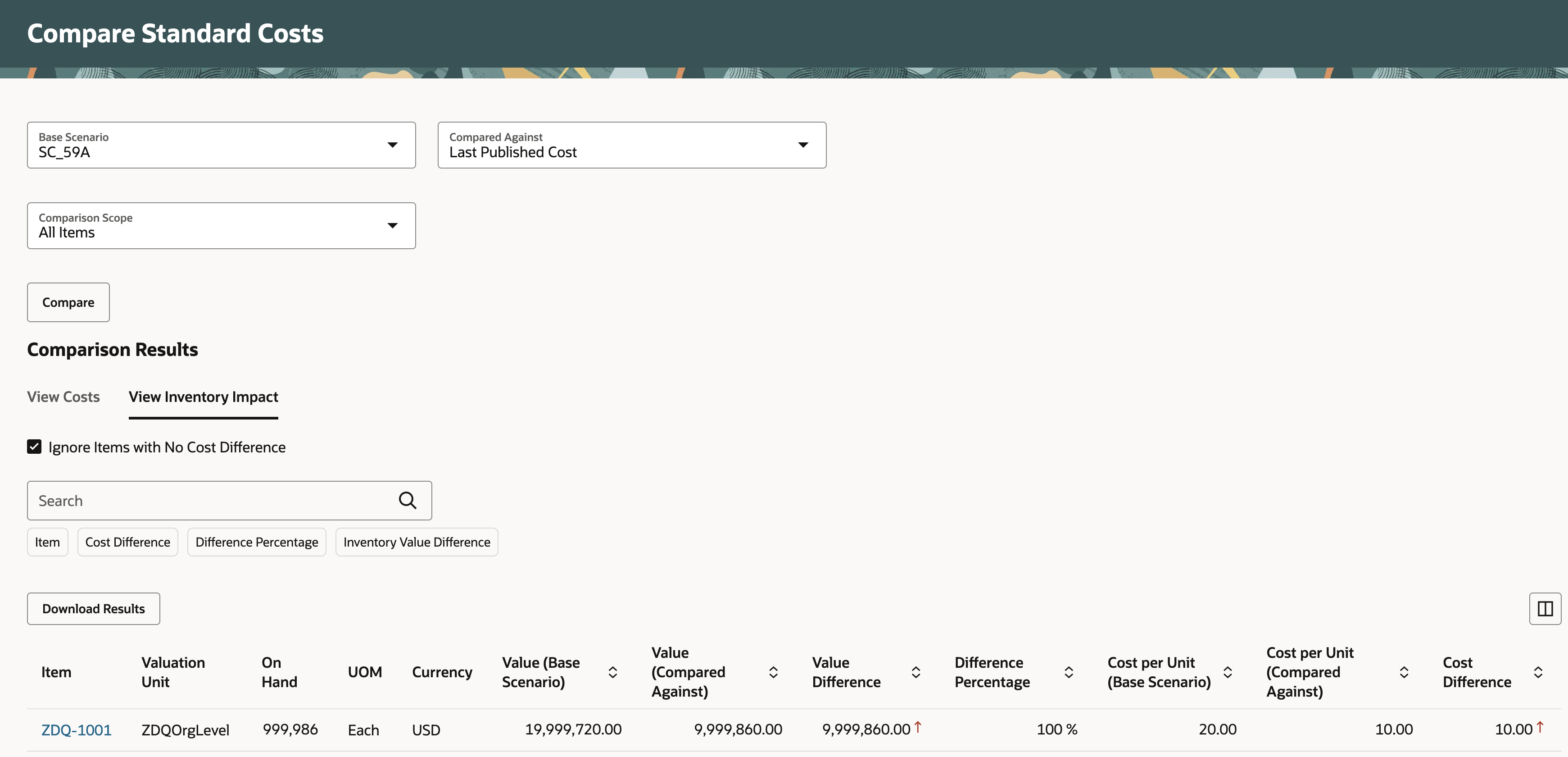 Compare Standard Costs - View Inventory Impact