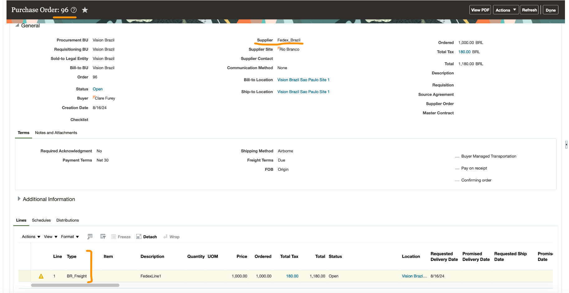 Screenshot of Purchase Order with line type as BR_Freight to capture freight fiscal documents against a purchase order line.