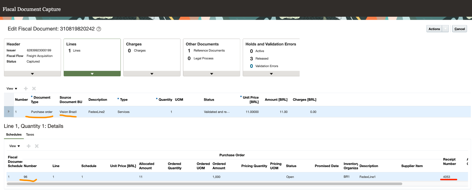 Screenshot of freight fiscal document matched to purchase order line with receipt generated for service.