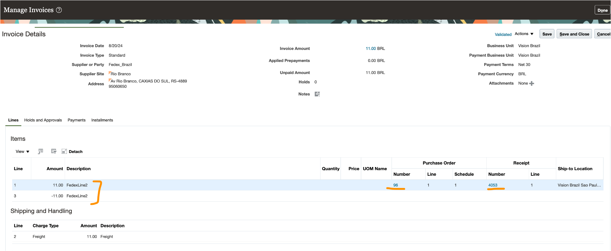 Screenshot of the invoice to supplier with positive line matched to purchase order and negative line to contra for the invoice line sent as shipping and handling.