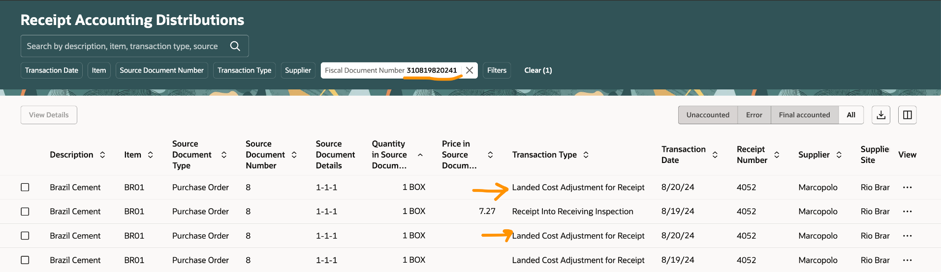 Screenshot of receipt accounting for freight purchase order receipt into receiving inspection and contra entry for booking as landed cost adjustment.