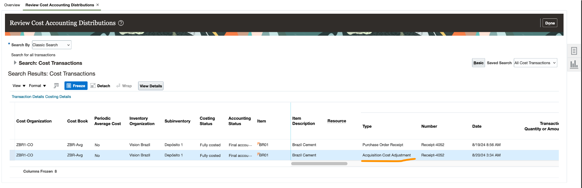 Screenshot of cost accounting that books the landed cost adjustment as acquisition cost adjustment to ensure accurate item cost.
