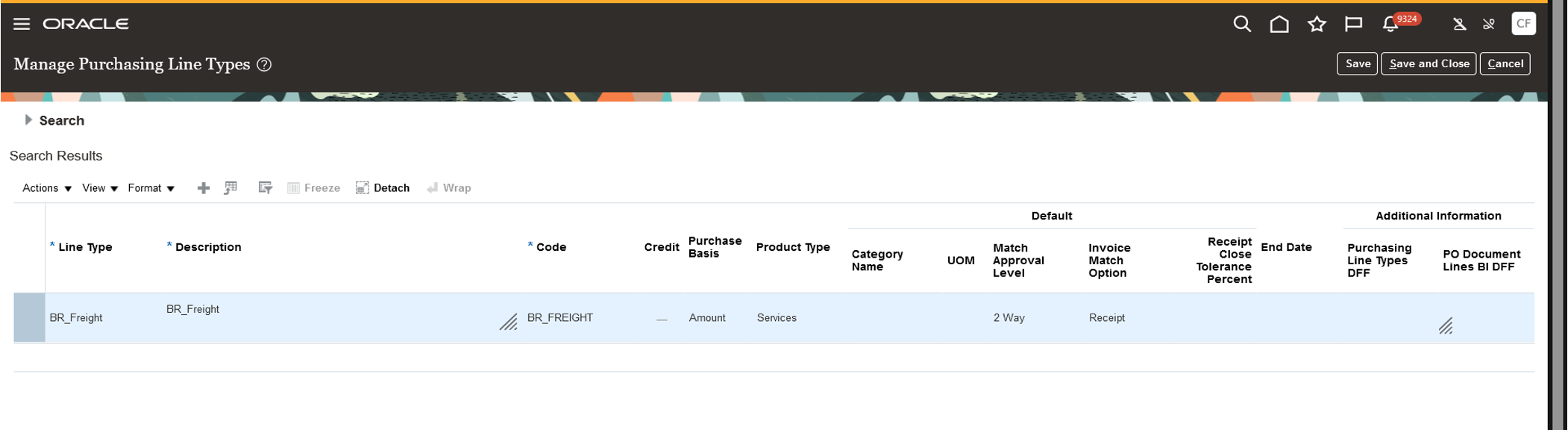 Screenshot of defining custom PO line type for auto matching purchase orders to freight fiscal documents.