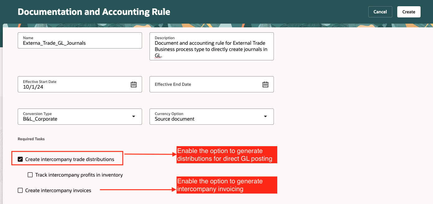 Screenshot of document and accounting rules showing configurable option