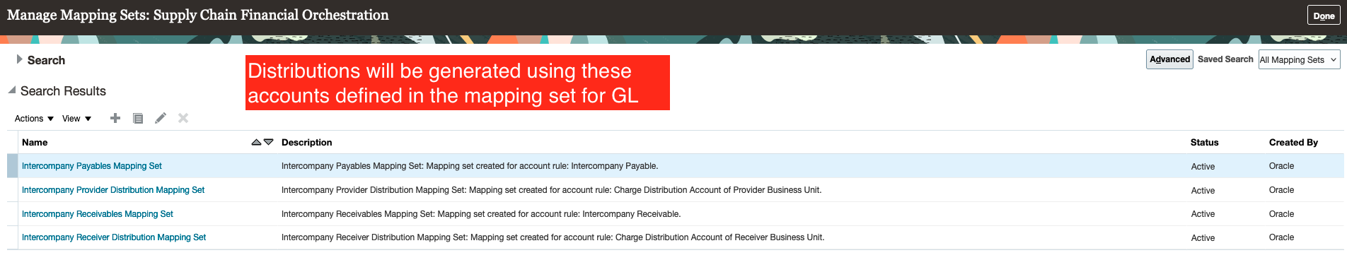 Screenshot of the mapping set used to derive the relevant account for posting the transactions into GL. 