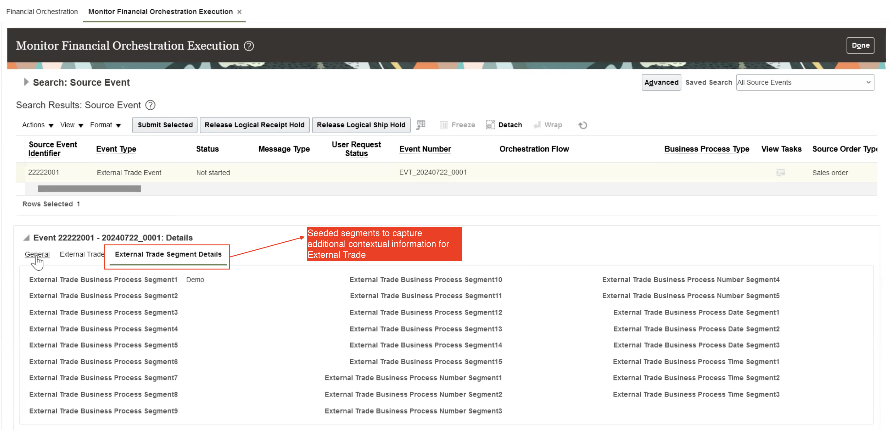 Screenshot of the monitor financial orchestration execution for External Trade Event.