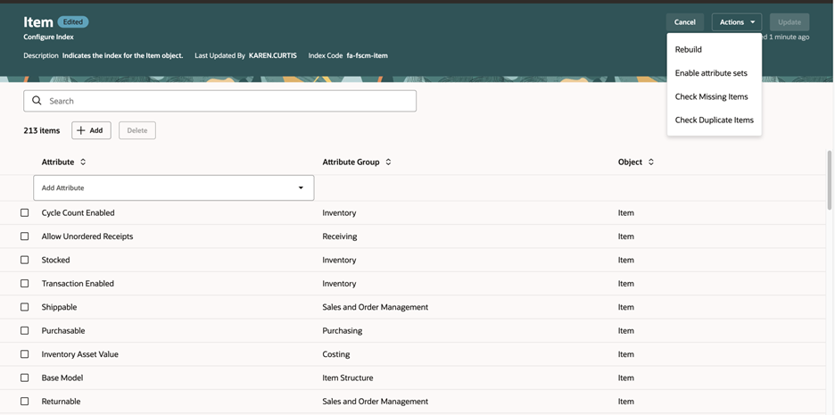 Actions List on Configure Index Page