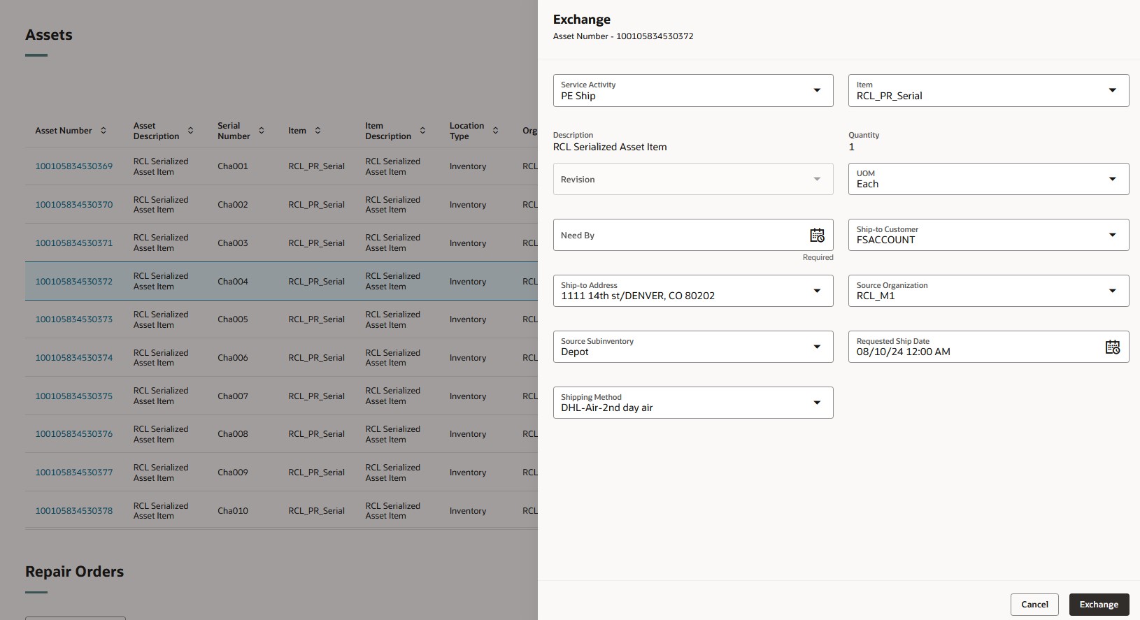 Depot Repair UI - Asset Region - Create Exchange Shipment UI