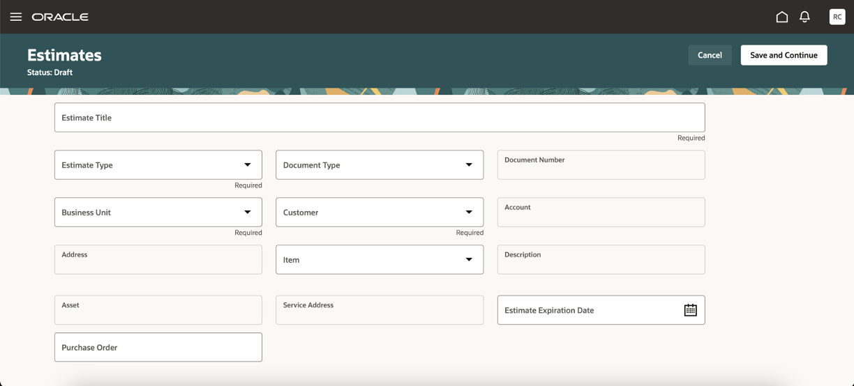 Estimate header page with Estimate Type field