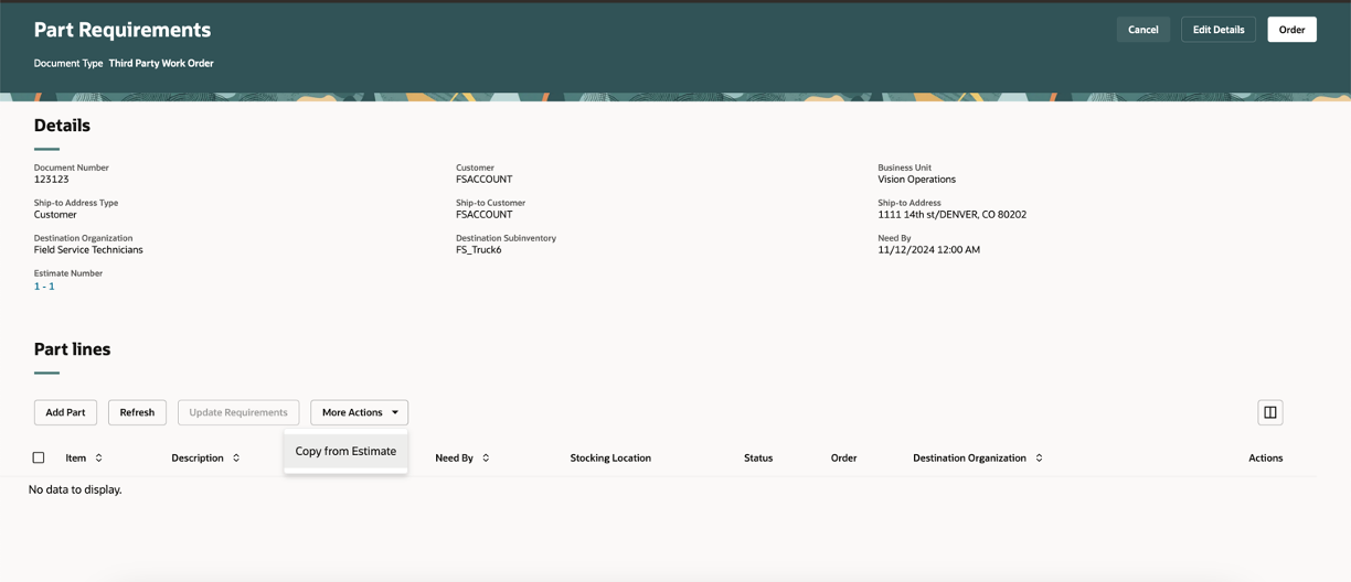 Part requirement details with Copy from Estimate button