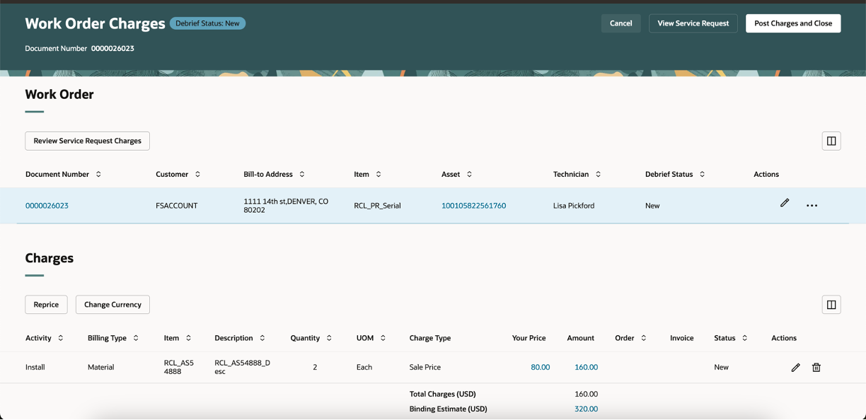 Estimate details in work order charges details page