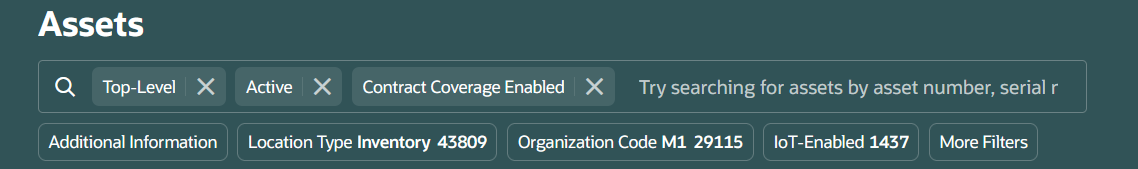 Asset Information Management Search Field with Default Filters and Contract Coverage Enabled Filter