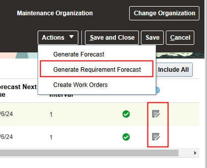 Generate forecast requirement action on assets page 