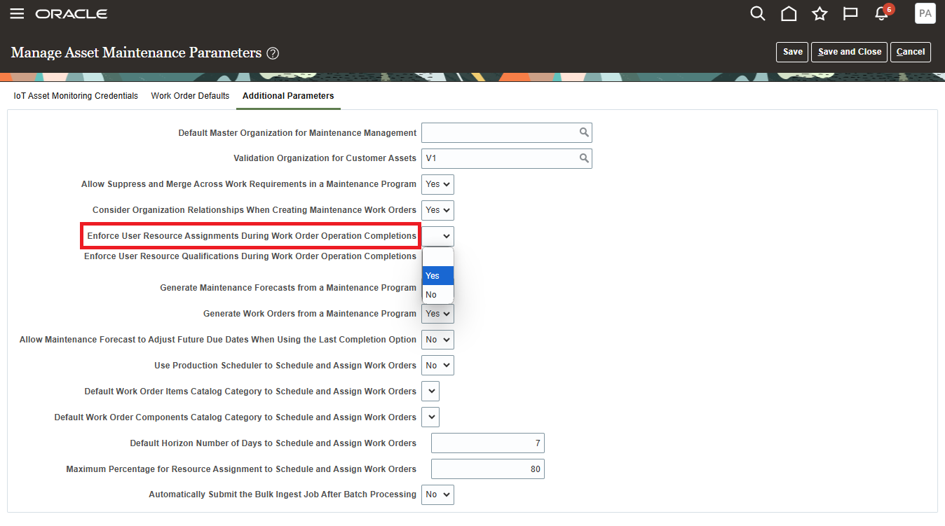 Manage Asset Maintenance Parameters Page