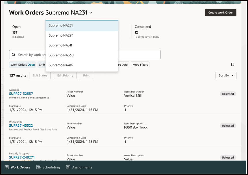 Maintenance Supervision Work Order Tab Organization Switcher