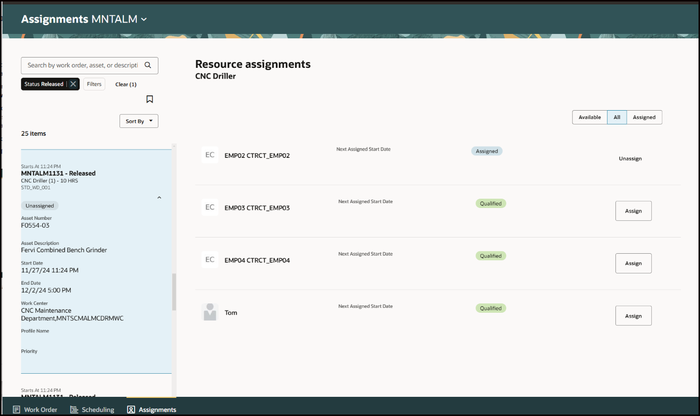 Assignments Tab Showing Selected Work Order with Available Resources