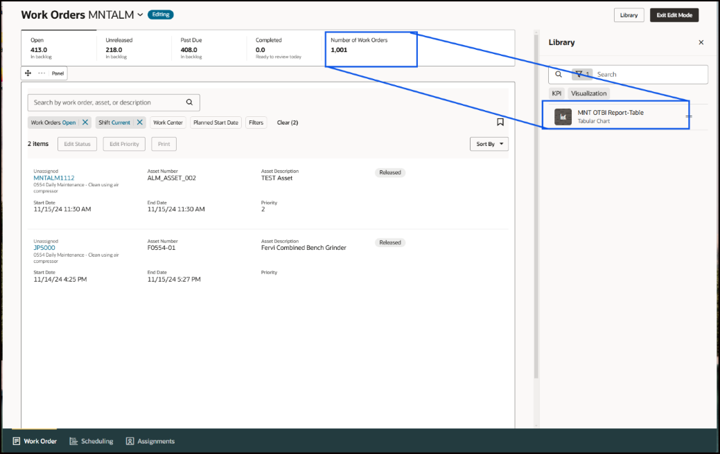 Work Order Tab Edit Mode