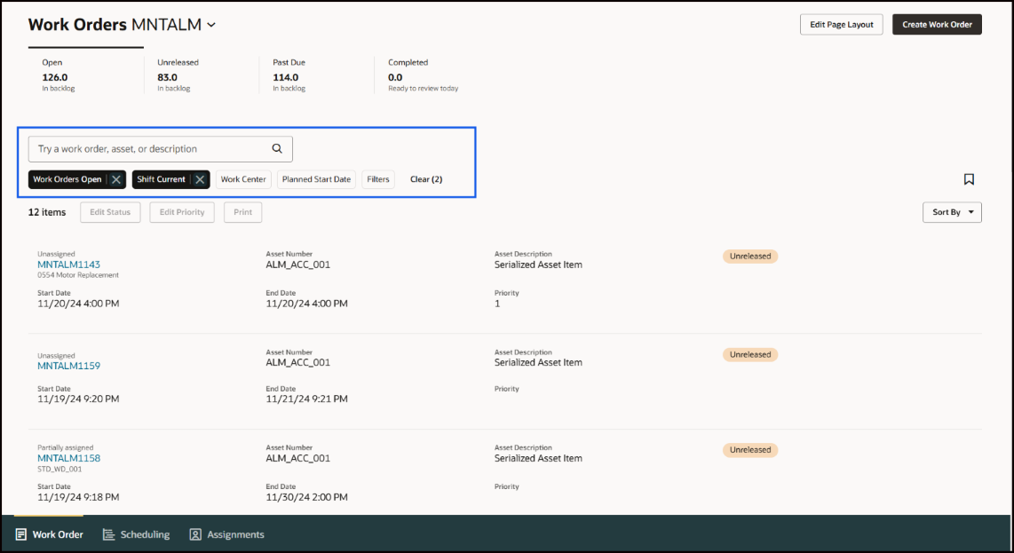 Work Orders Tab Showing Search Capabilities and Suggested Filters