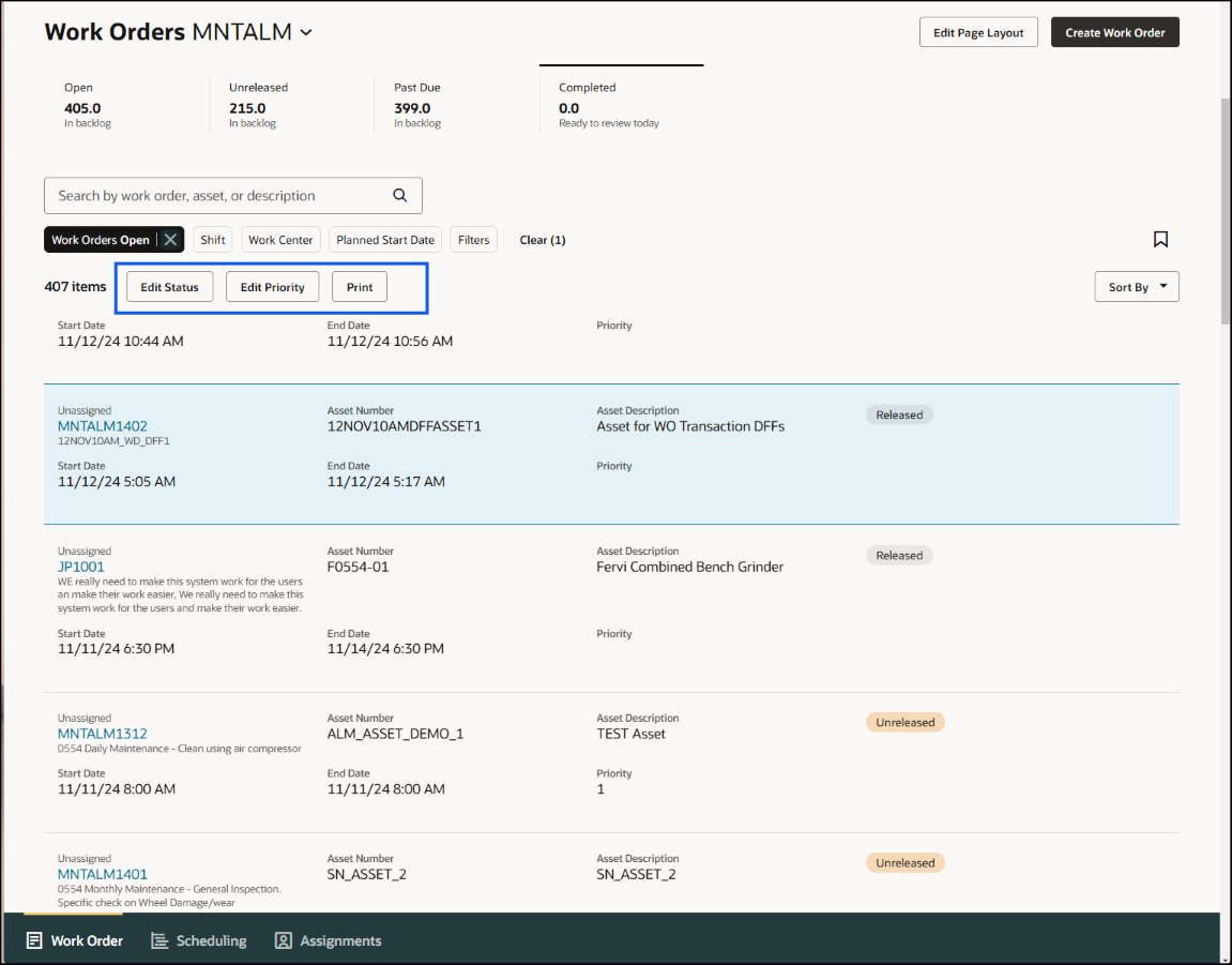 Work Orders Tab Showing Work Order Actions