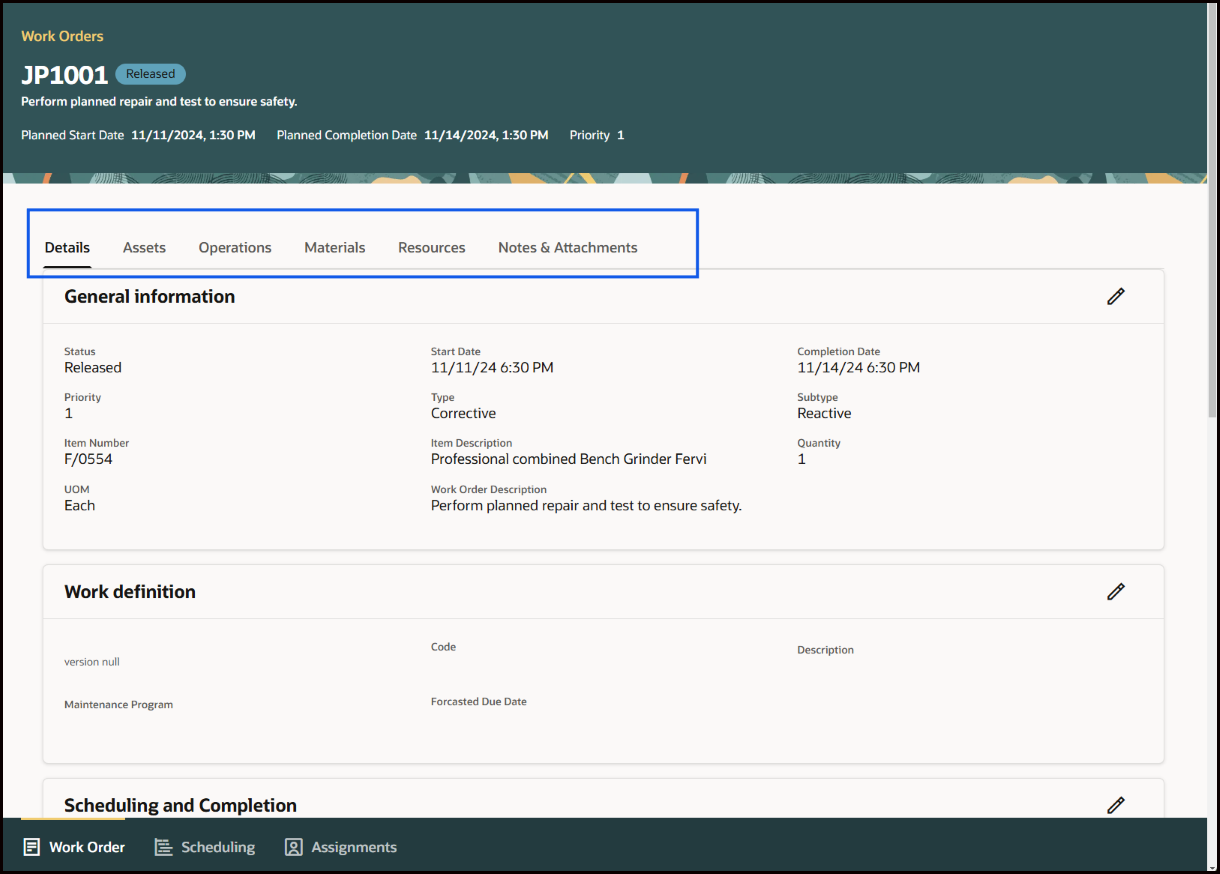 Work Order Tab Showing Work Order Details