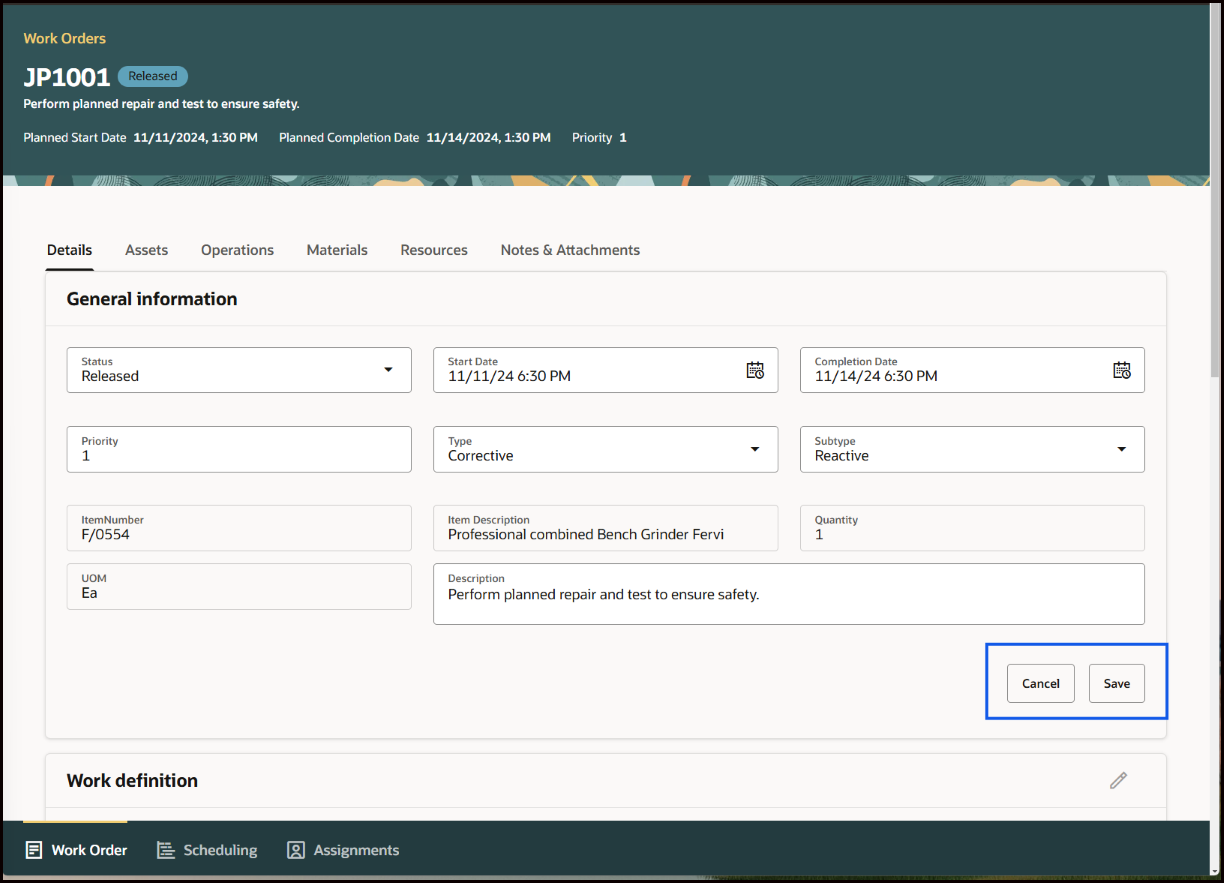 Work Order Details General Information in Edit Mode