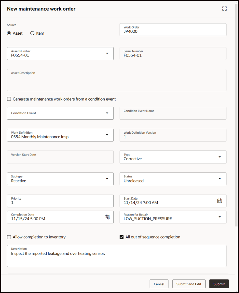 Work Order Tab: New Maintenance Work Order Drawer
