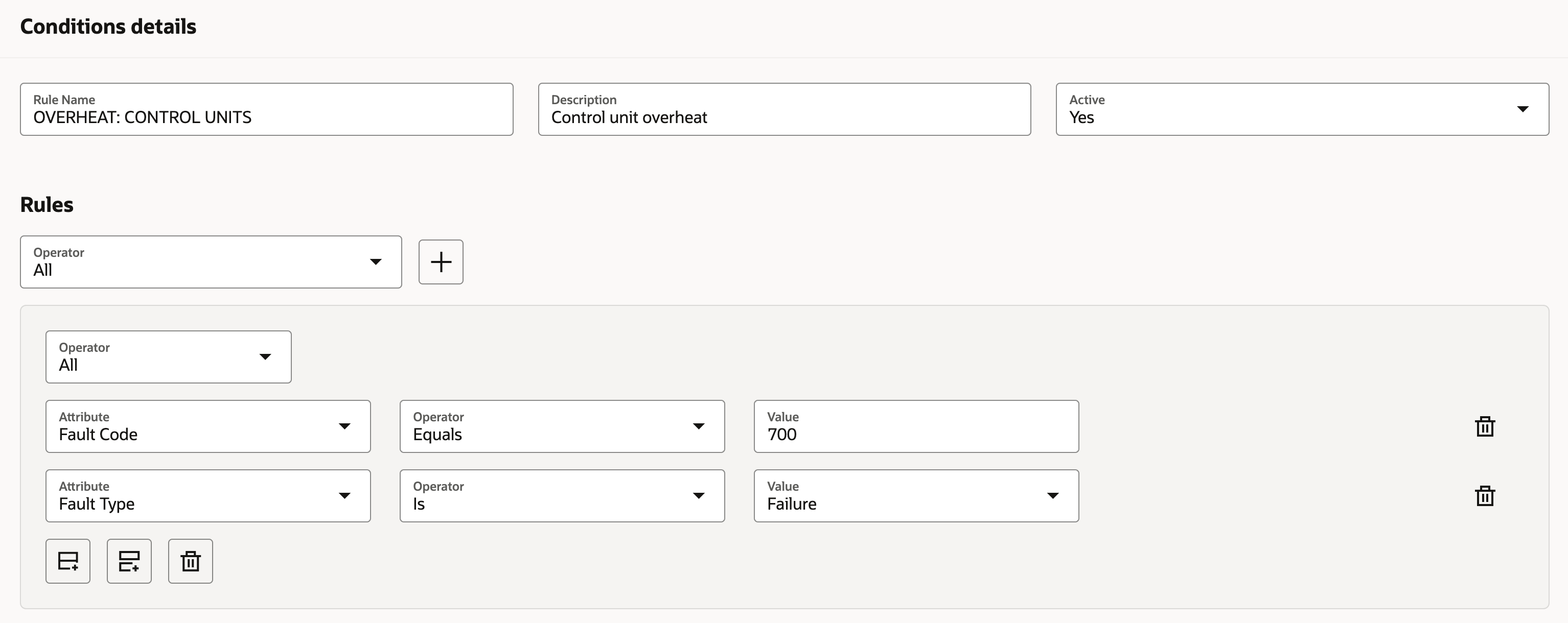 Evaluation Condition Screen showing Condition details and Rules