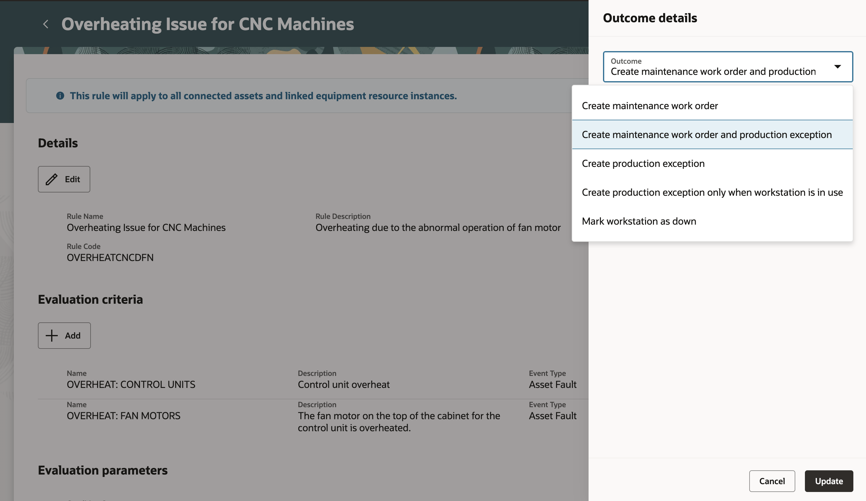 Outcome details panel 