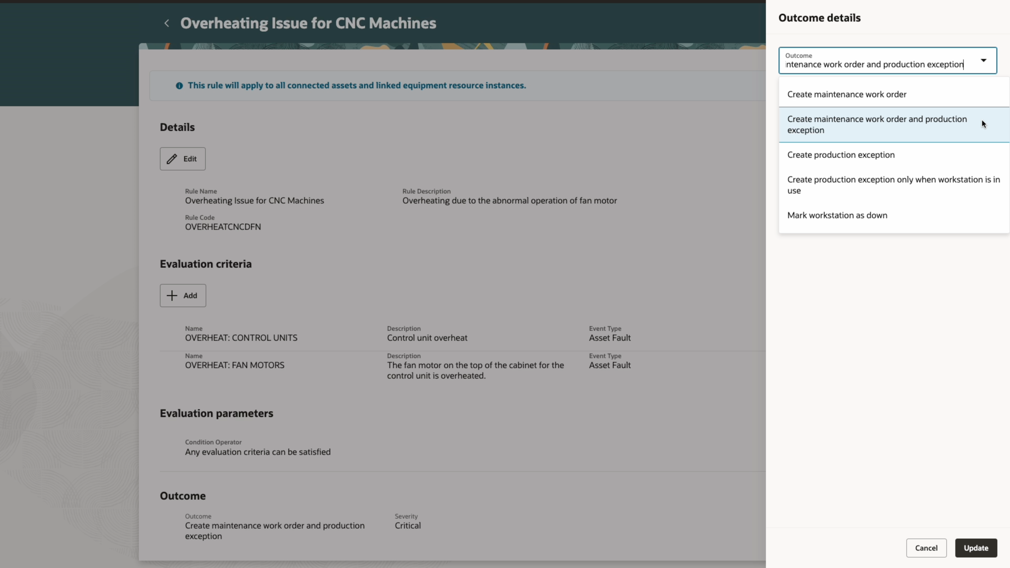 Set outcomes for operational rules