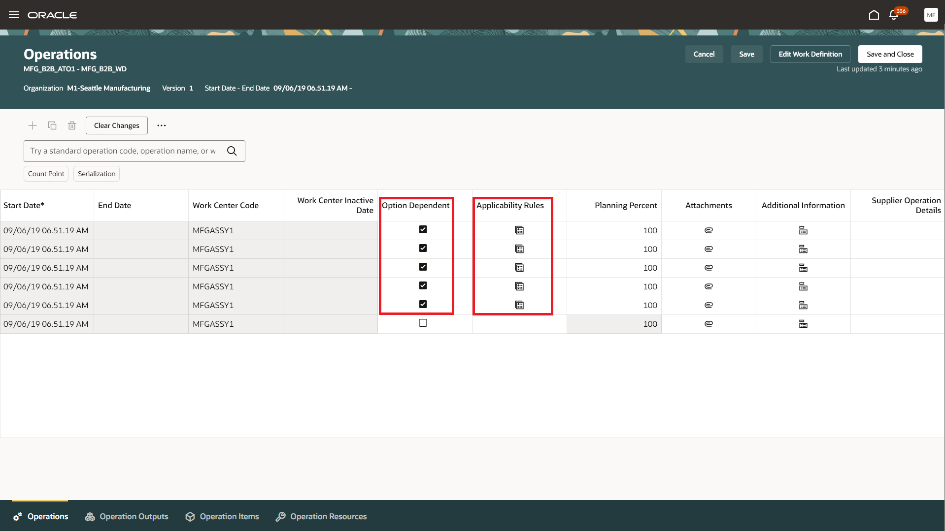Work Definition Operation with Applicability Rule link