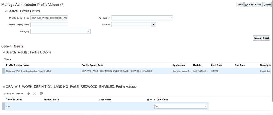 Profile Option to Enable Work Definition Landing Page in Redwood User Experience