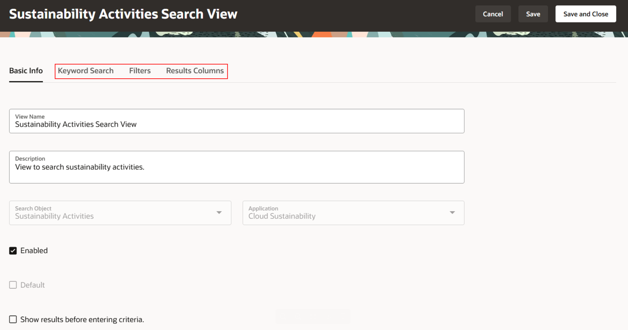 Sustainability Activities Search View