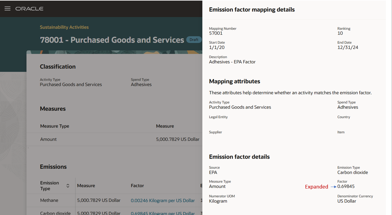 Emission Factor Mapping Details Viewed on Sustainability Activities Details Page