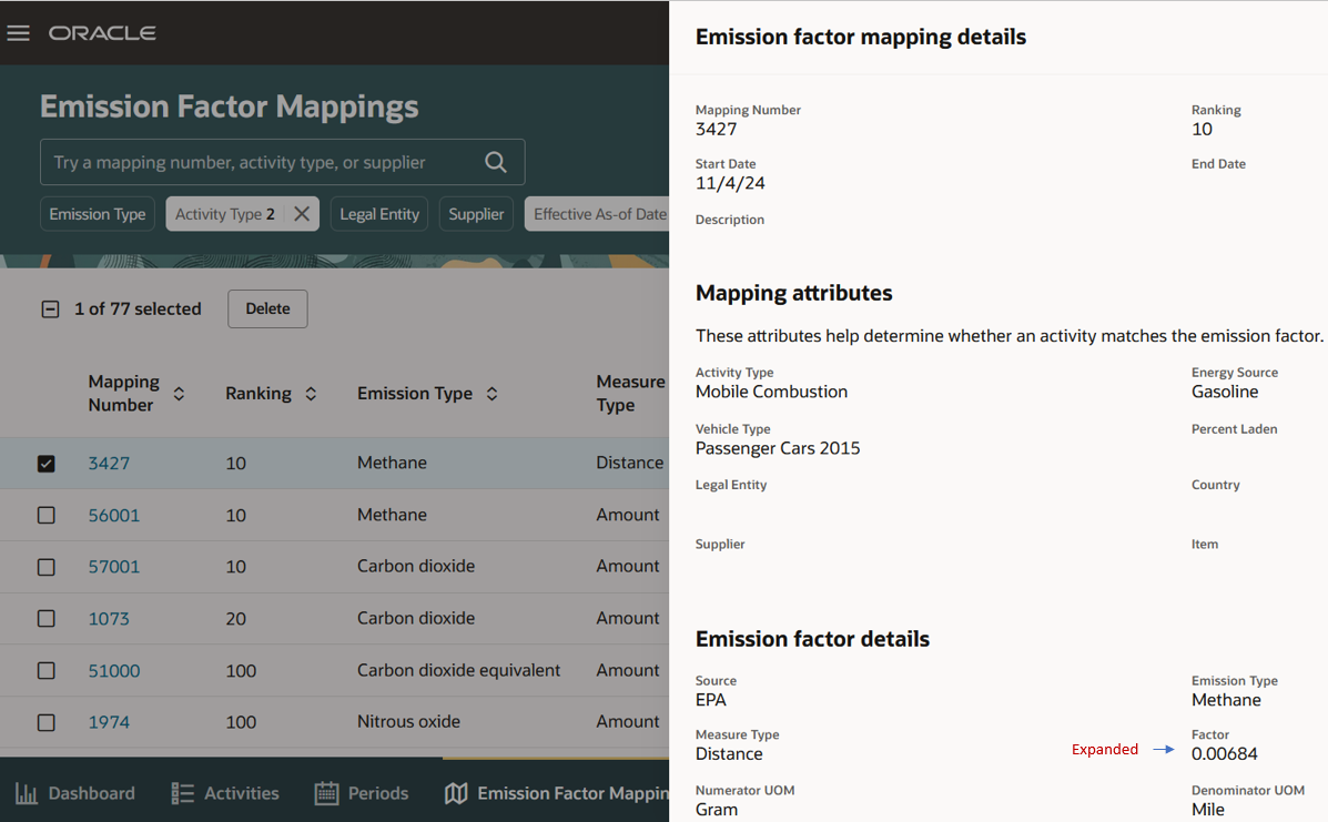 Profile Option on Emission Factor Mappings Details Drawer