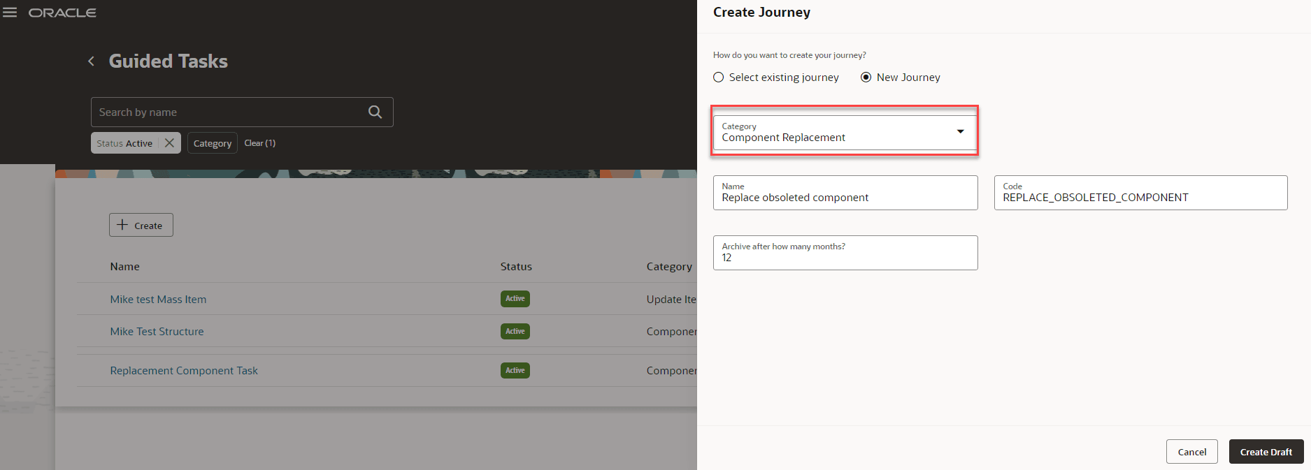 Select Component Replacement as Category in the New Journey
