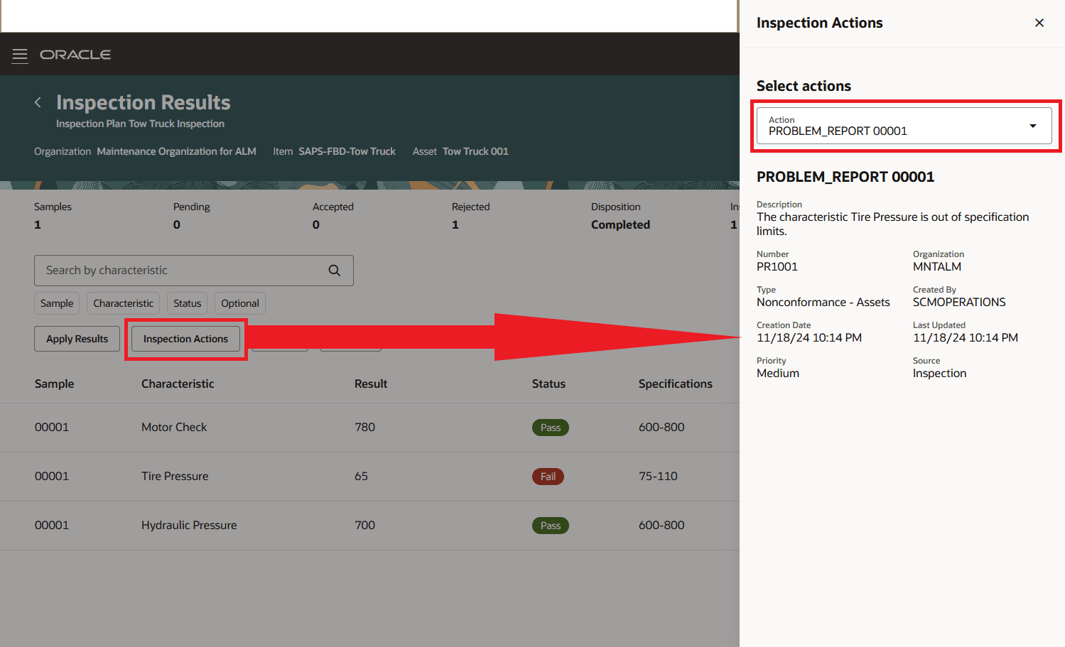 View Problem Report Created based on Inspection Results