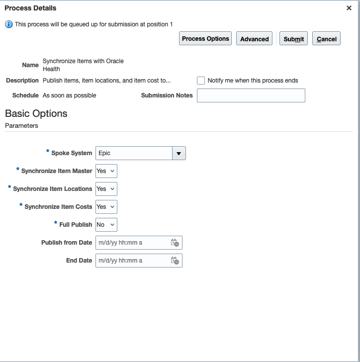 Synchronize Items with Oracle Health Schedule Process Parameters