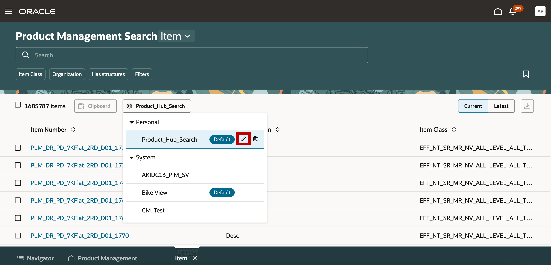Product Management Search Page - Edit Personal View
