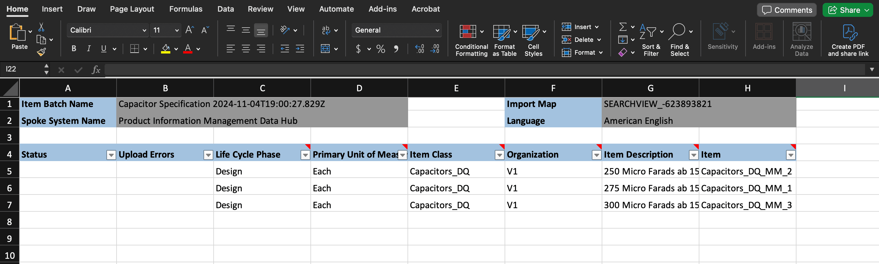 Items on Spreadsheet