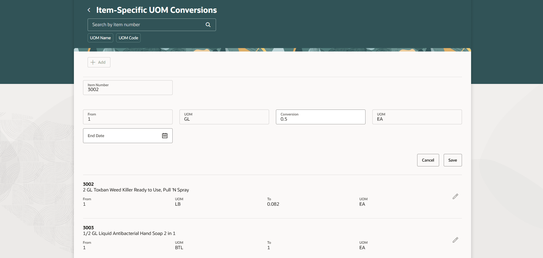 Screenshot of the Item-Specific UOM Conversions page