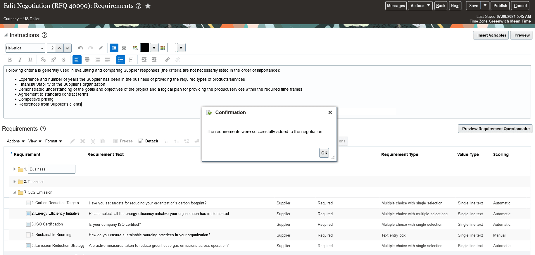 Add selected requirements to the negotiation