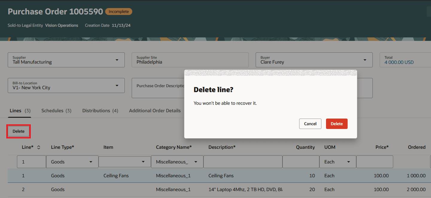 Use Delete button to Delete a PO Line
