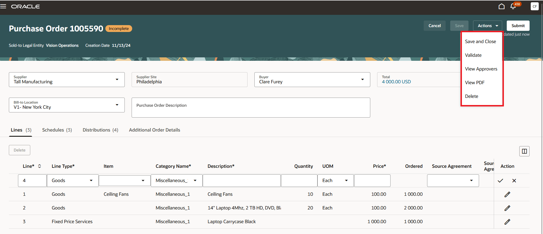 Purchase Order Actions