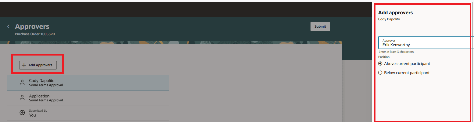 Add Adhoc Approver on the PO using the Add Approvers Button