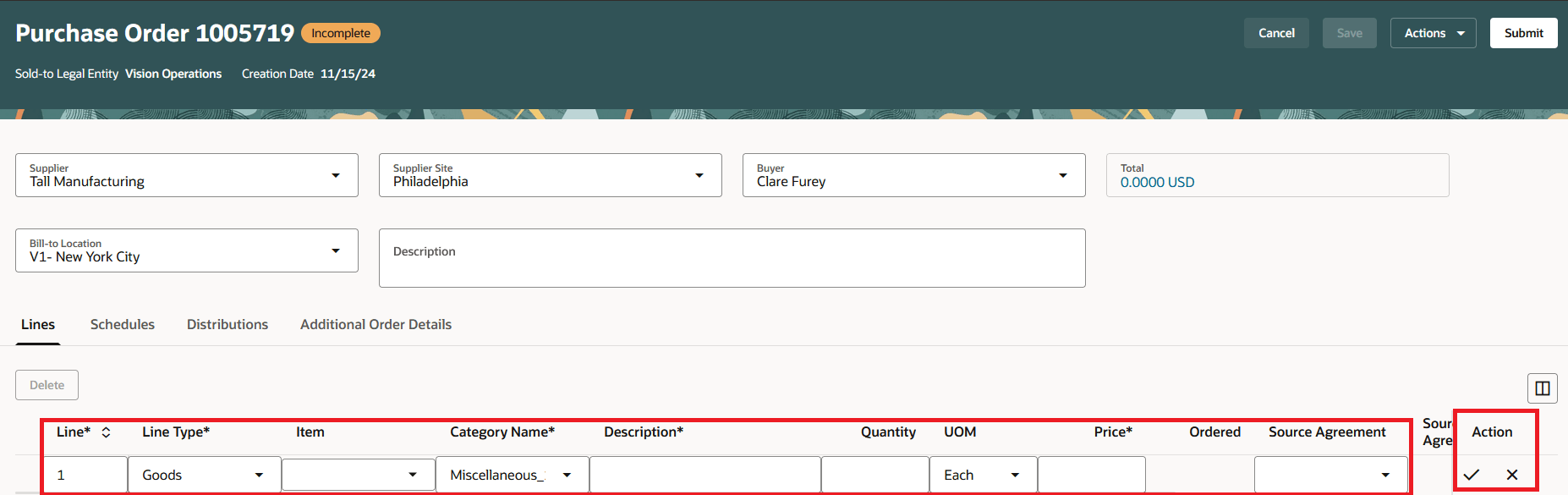 Empty Default Row in Purchase Order Lines Tab With and Row-Level Check Mark and Cross