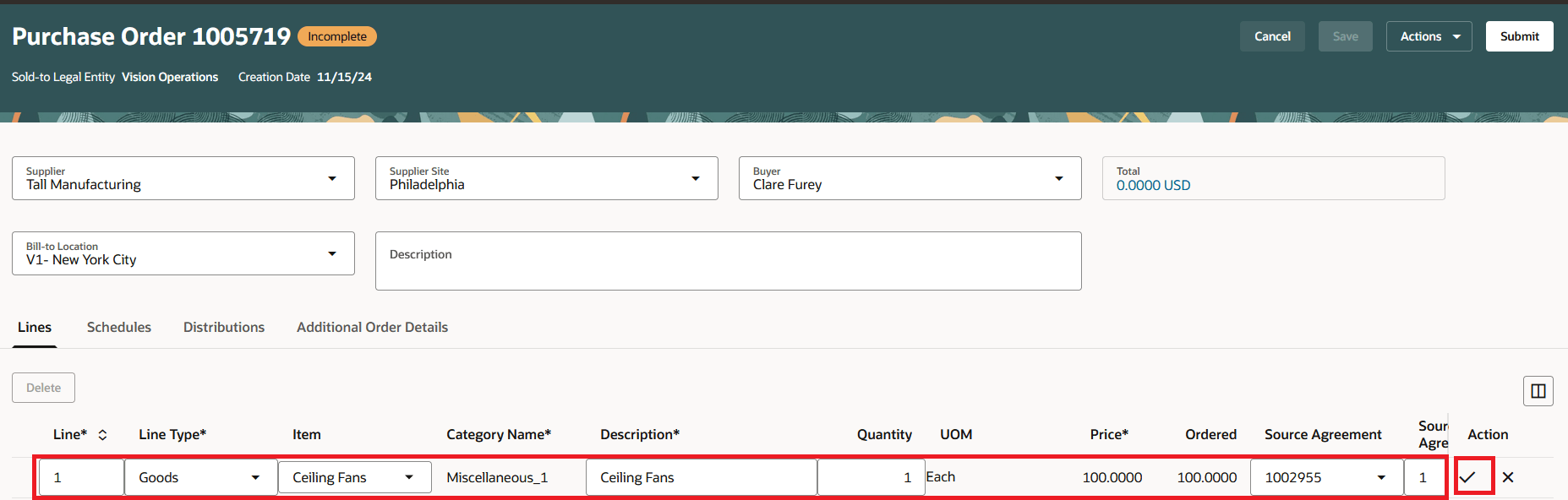 Add a PO Line By Updating Attributes on Default Row and Using the Row-Level Checkmark