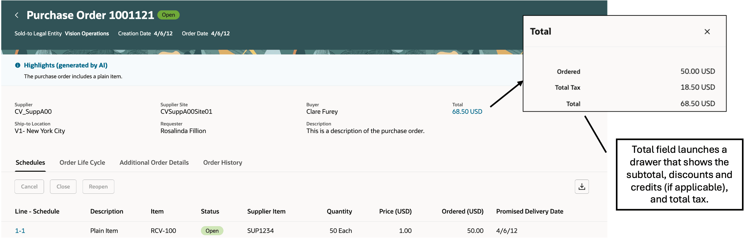View Purchase Order - Key Info and Schedules