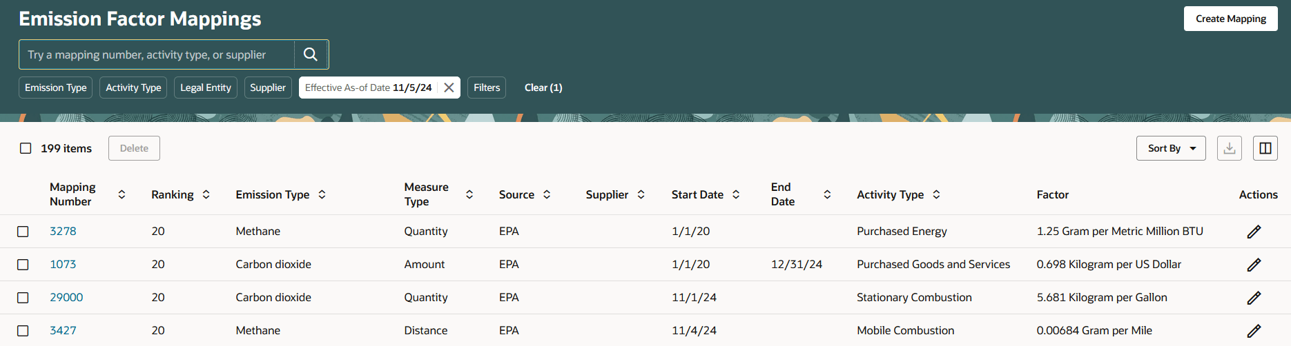 Emission Factor Mappings Page