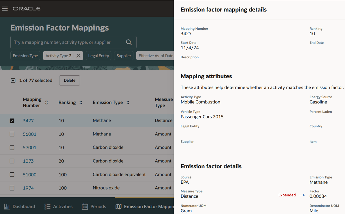 Profile Option on Emission Factor Mappings Details Drawer