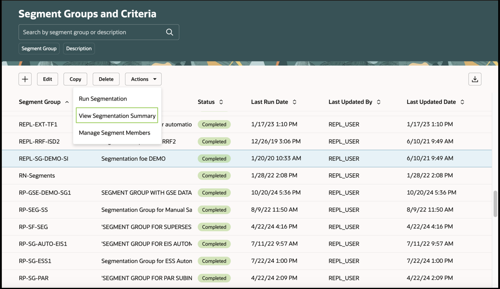 Segment Groups and Criteria Page